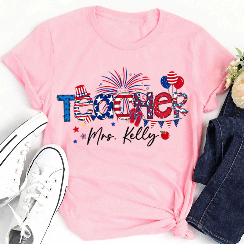 Personalized Name Flag Fireworks Balloon Teacher T-Shirt