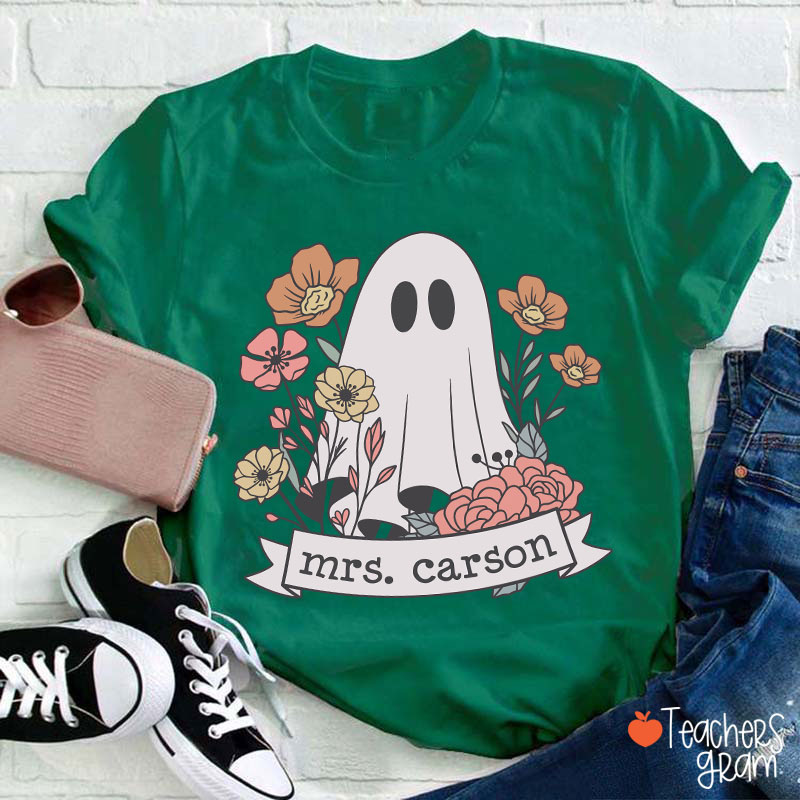 Personalized Name Floral Ghost Teacher T-Shirt