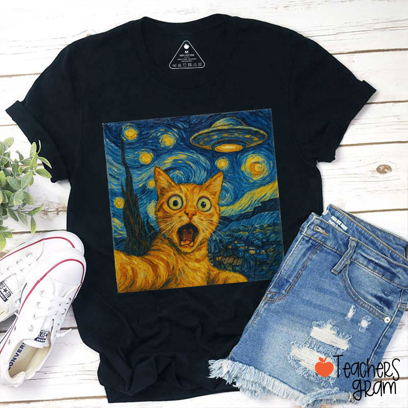 Funny Van Gogh Starry Night UFO Cat Teacher T-Shirt