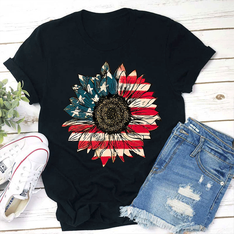 Vintage Flag Sunflower Teacher T-Shirt