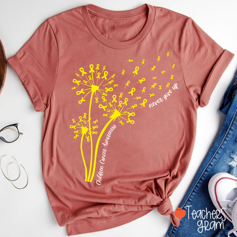 Childhood Cancer Awareness Never Give Up Teacher T-Shirt