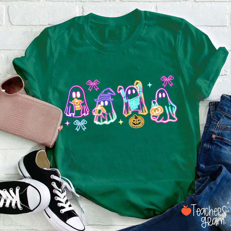 Colorful Neon Ghost Pumpkin Teacher T-Shirt