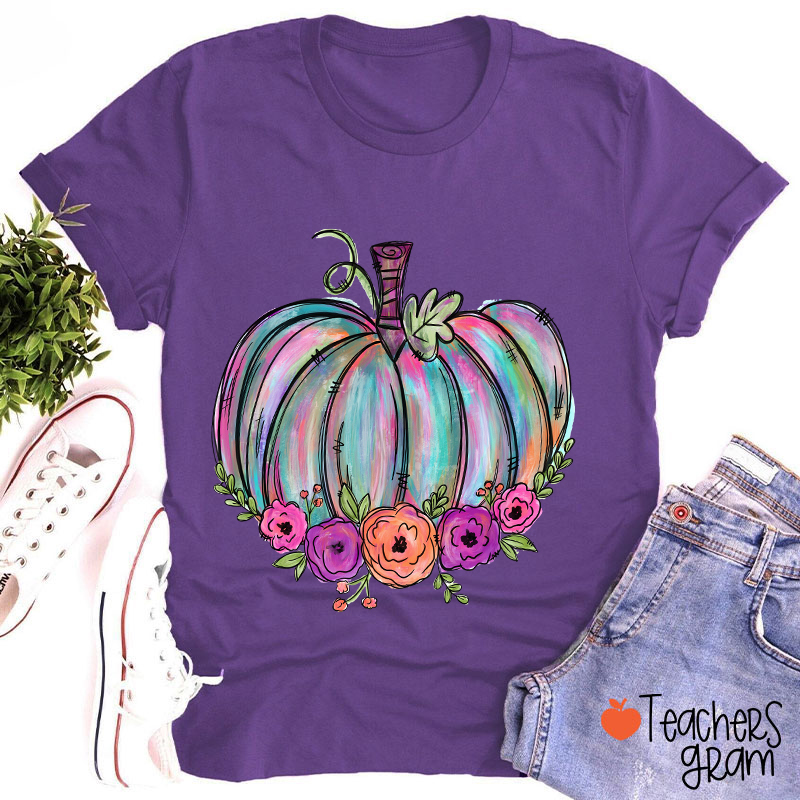 Colorful Pumpkin Watercolor Pumpkin Teacher T-Shirt