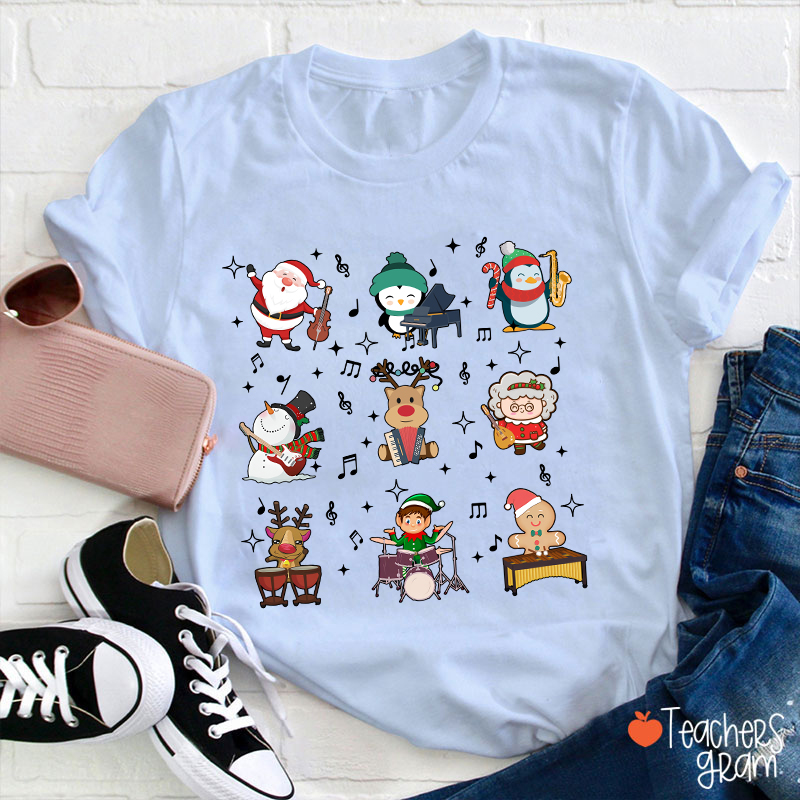 Cute Christmas Cartoons Playing Musical Instruments TeacherT-Shirt