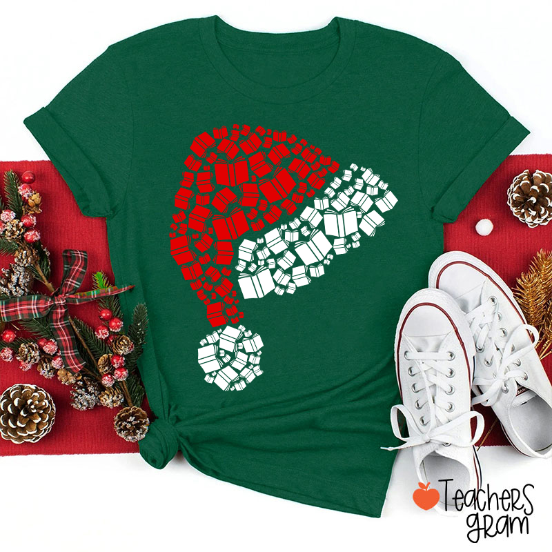 Book Christmas Hat Christmas Teacher T-Shirt