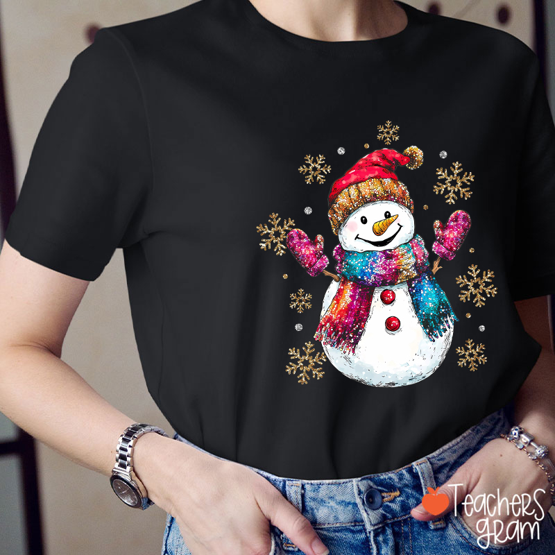Colorful Scarves Snowman Teacher T-Shirt