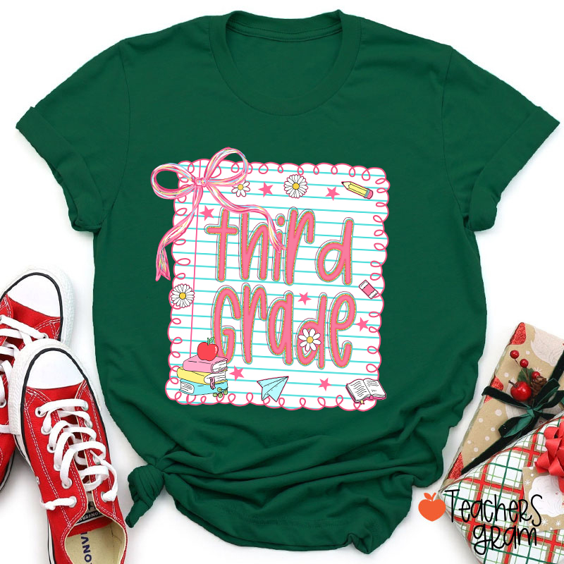 Personalized Grade Pink Bow Notebook Teacher T-Shirt