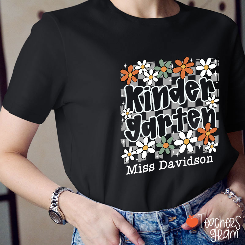 Personalized Text And Name Checkered Flowers Teacher T-Shirt