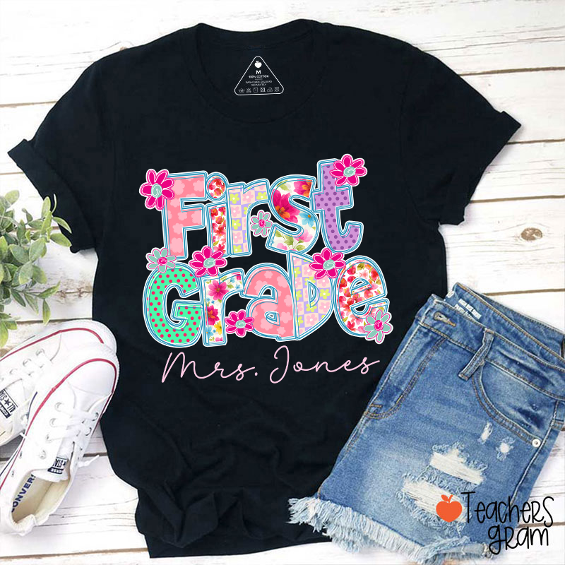 Personalized Grade Flowers Font Teacher T-Shirt