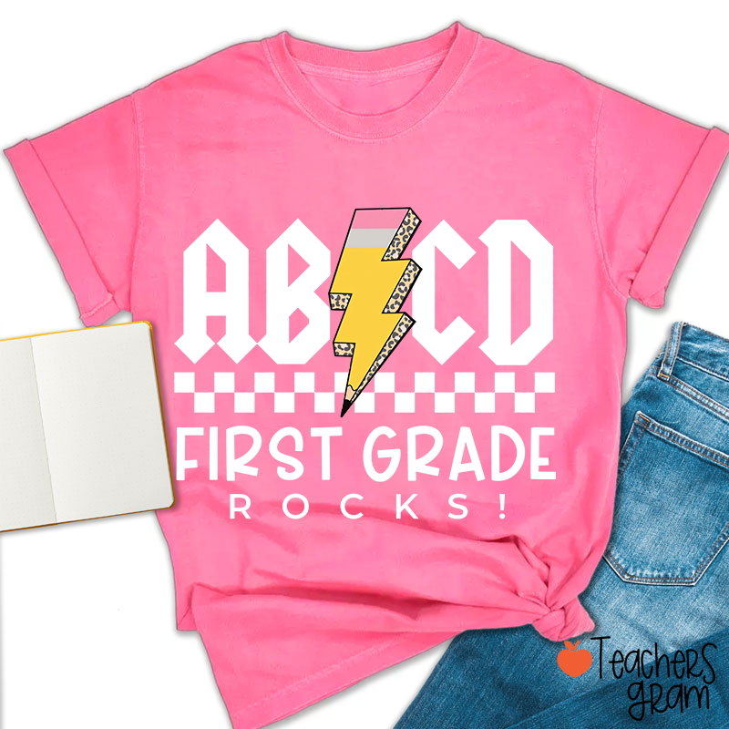 Personalized Grade Lightning Pencil Checkerboard Teacher T-Shirt