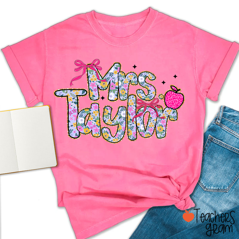 Personalized Name Apple Bow Floral Star Teacher T-Shirt
