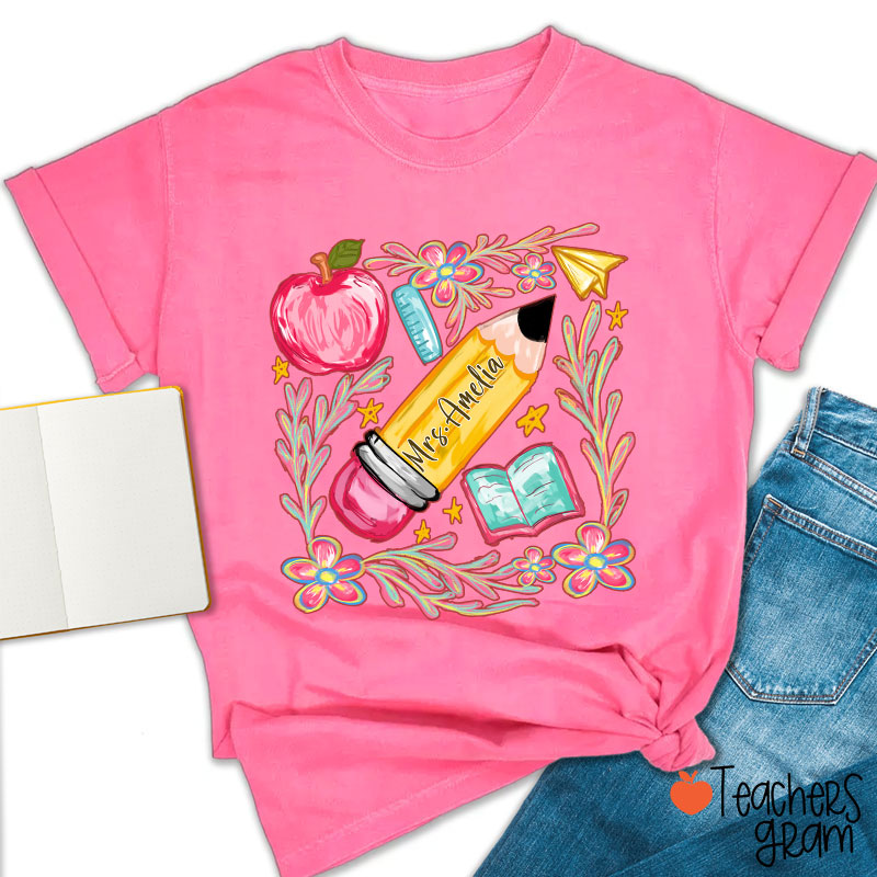 Flowers Pencil Apple Book Star Teacher T-Shirt