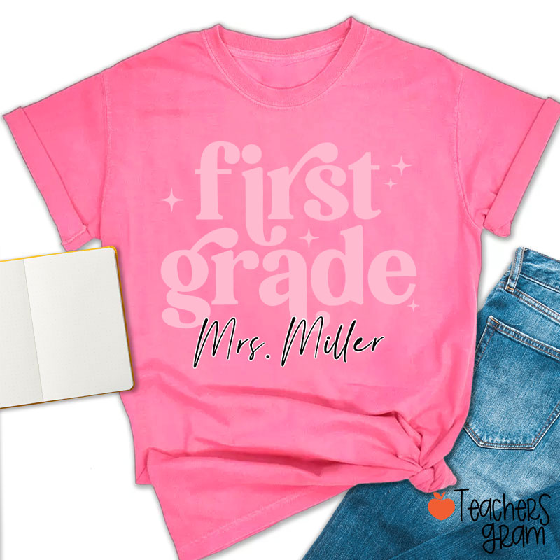 Personalized Grade Name Monochrome Stars Teacher T-Shirt