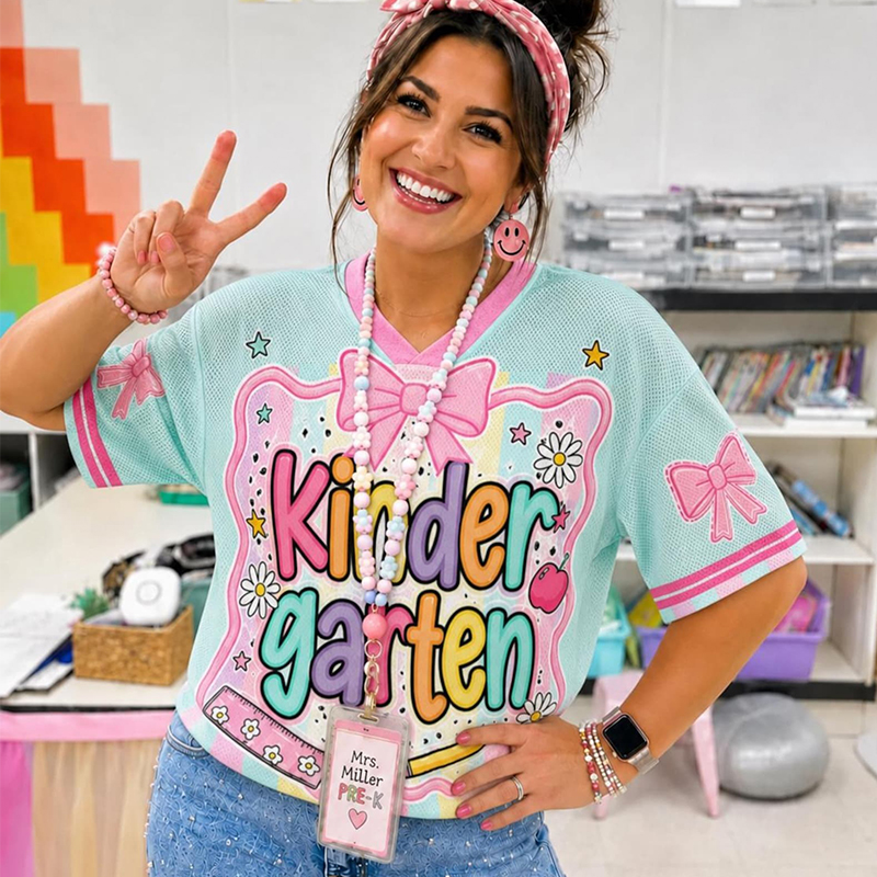 Personalized Grade And Name Coquette Bow Coloful Stripes Teacher Mesh Jersey