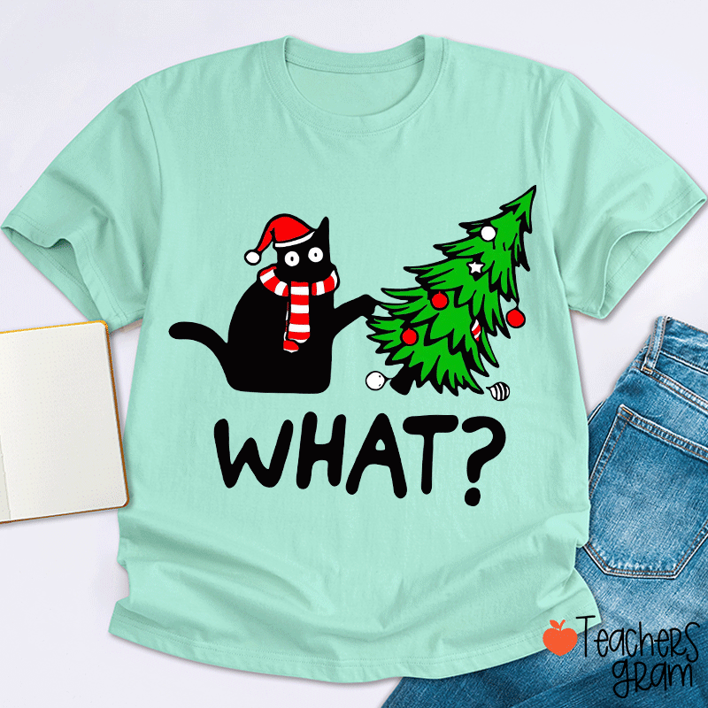 Cat Pushes Christmas Tree Teacher T-Shirt
