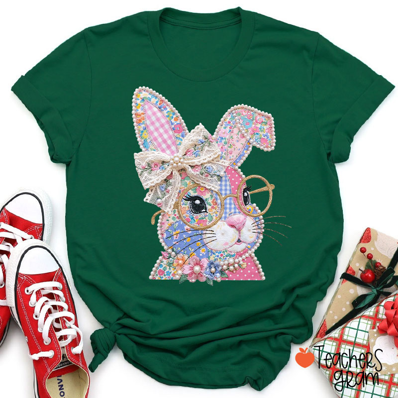 Faux Patchwork Bunny Teacher T-Shirt