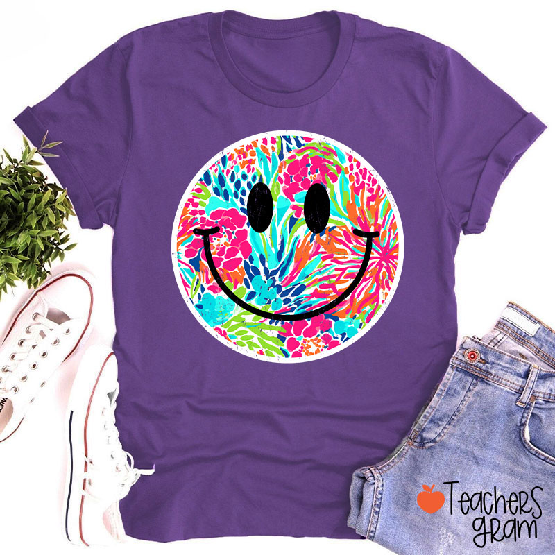 Smile Face Summer Floral Retro Beach Vibes Teacher T-Shirt