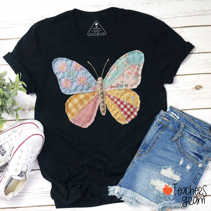 Faux Patchwork Butterfly Teacher T-Shirt