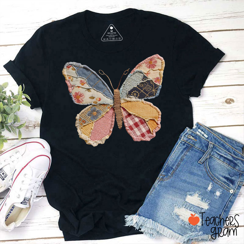 Faux Patchwork Butterfly Teacher T-Shirt