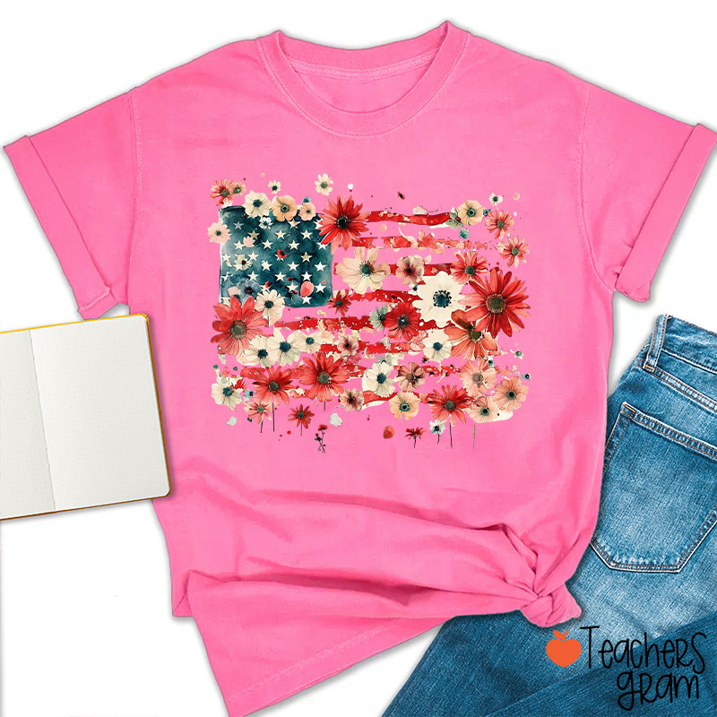 American Flag Floral Teacher T-Shirt