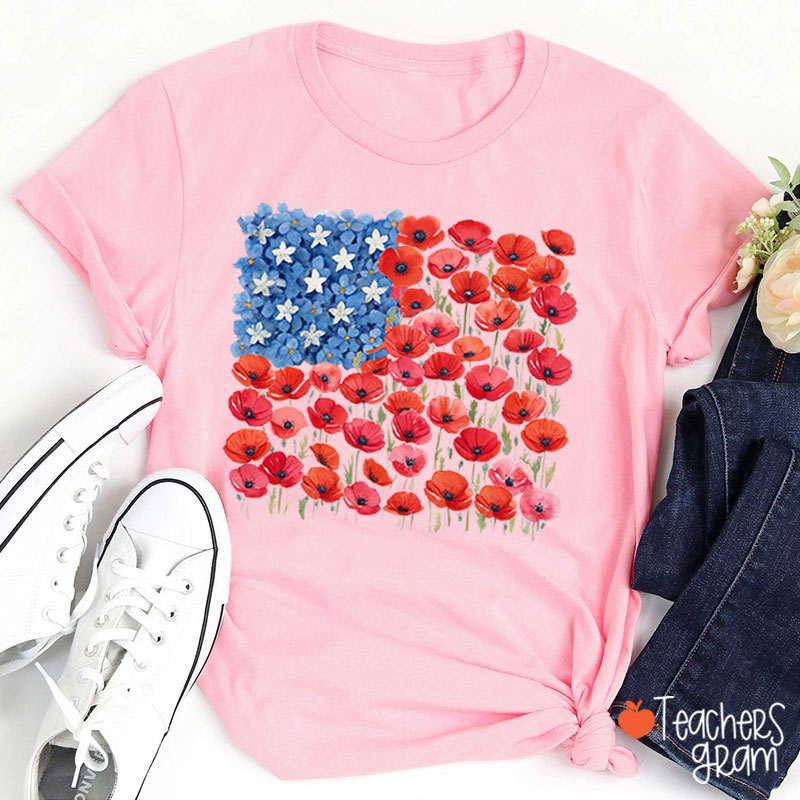 Floral USA Flag 250th Anniversary Teacher T-Shirt