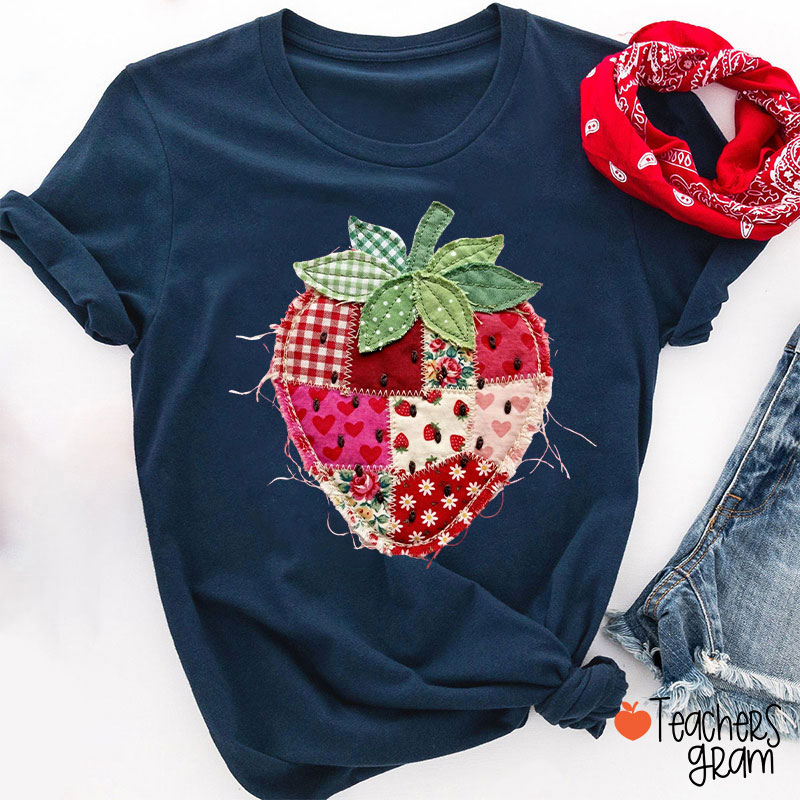 Faux Patchwork Strawberry Teacher T-Shirt