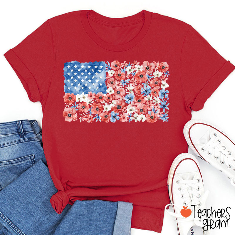 Vintage Floral USA Flag Teacher T-Shirt