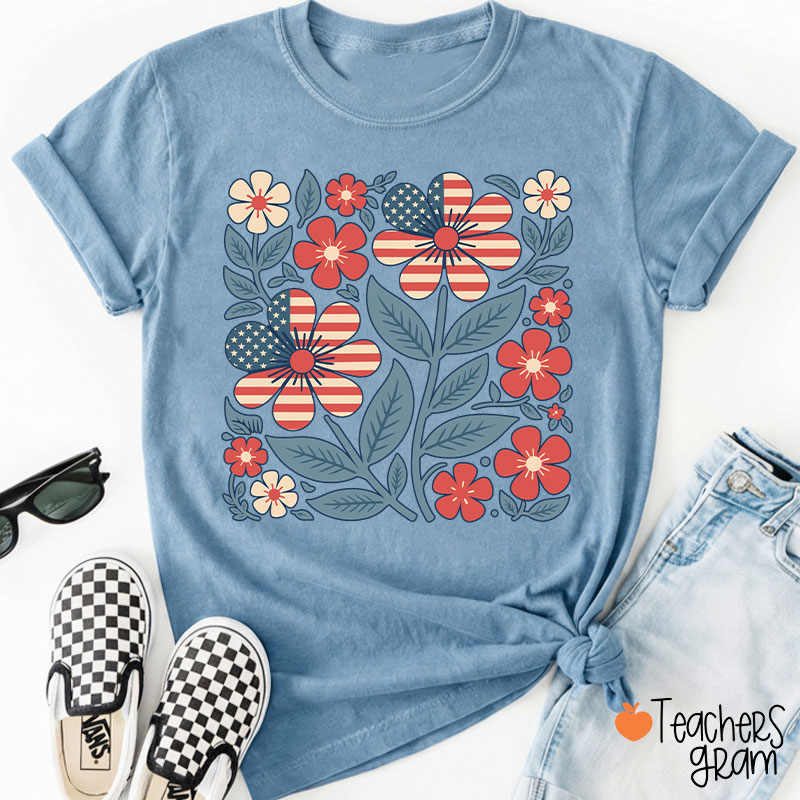 Boho Patriotic Daisy Teacher T-Shirt