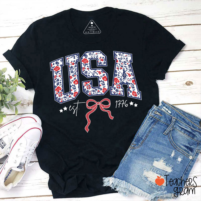 Floral USA Coquette Patriotic Teacher T-Shirt