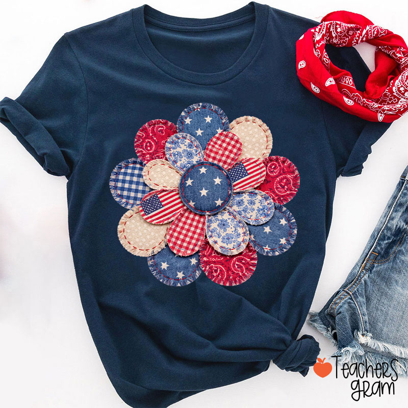 Faux Patchwork American Flag Flower Teacher T-Shirt