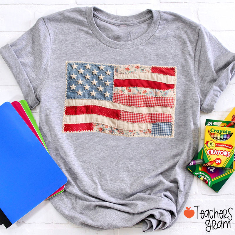 Faux Patchwork American Flag Teacher T-Shirt