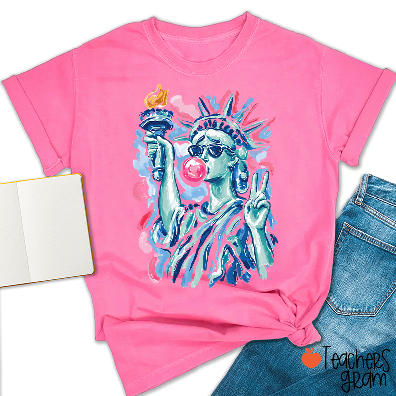 Preppy Statue Of Liberty Blowing Bubble Teacher T-Shirt
