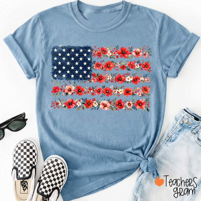 American Flag Wild Flower Teacher T-Shirt