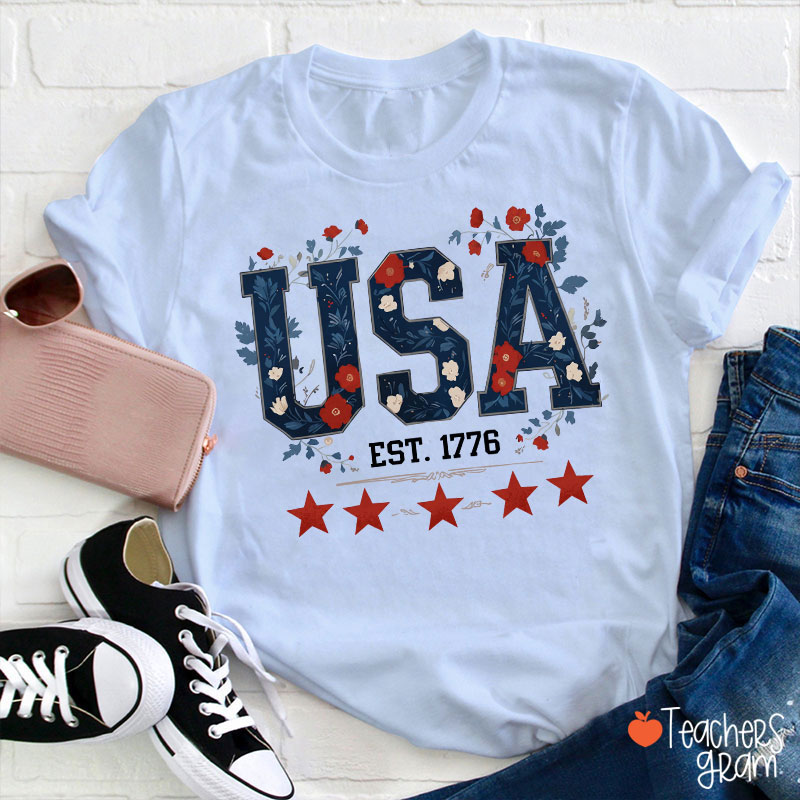Floral USA Est 1776 Teacher T-Shirt