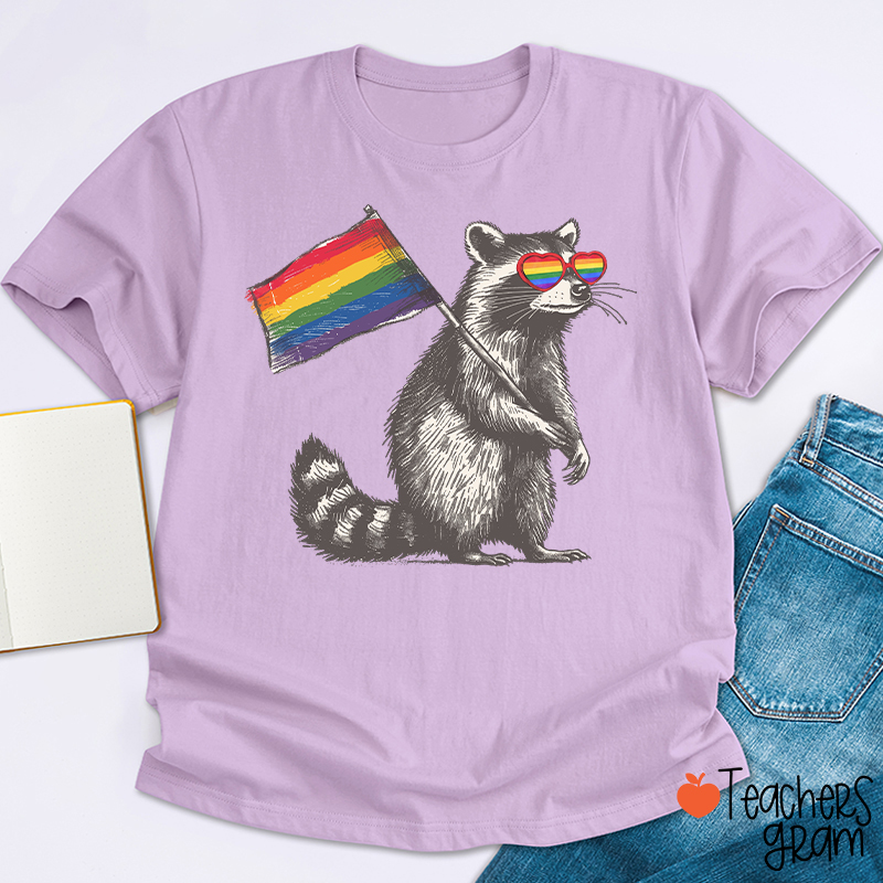 Funny Raccoon Rainbow Flag Pride Teacher T-Shirt