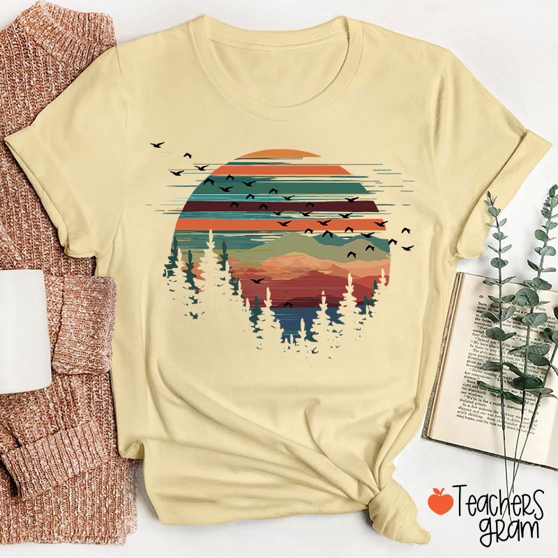 Retro Mountain Sunset Forest And Birds Teacher T-Shirt