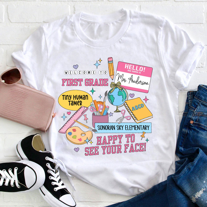 Personalized Teacher's Name School Name And Grade School Supplies Icon Teacher T-Shirt