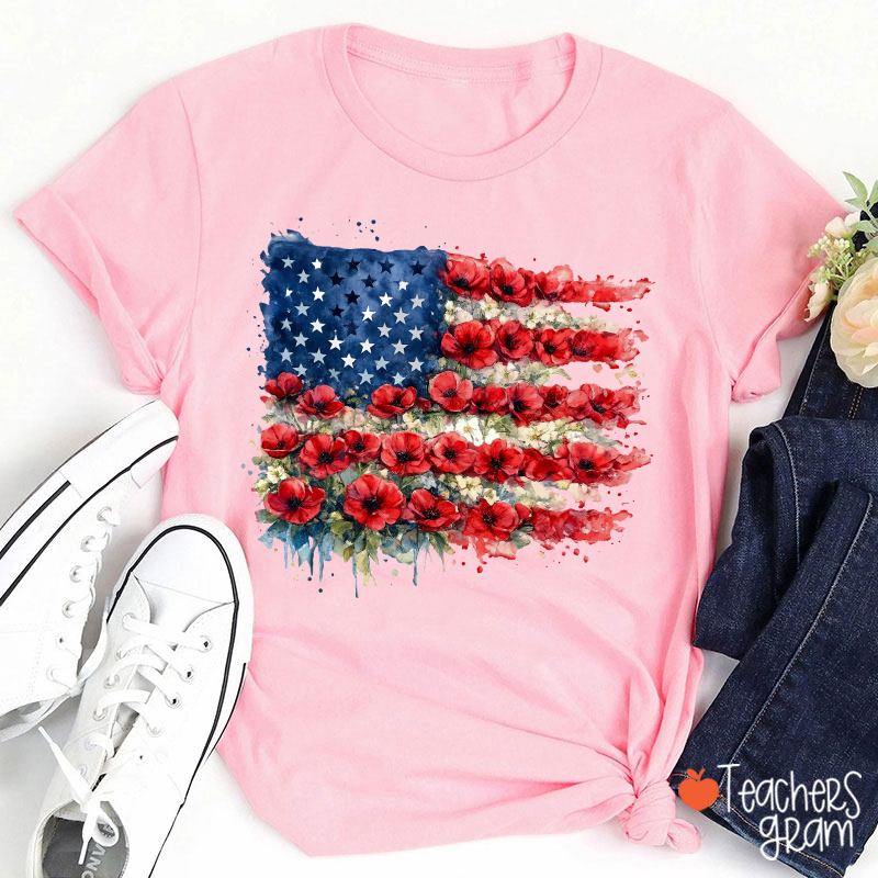 4th Of July Floral American Flag Teacher T-Shirt
