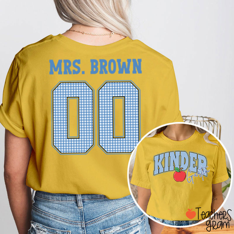 Personalized Grade And Name Checkered Letter Apple Teacher Two Sided T-Shirt