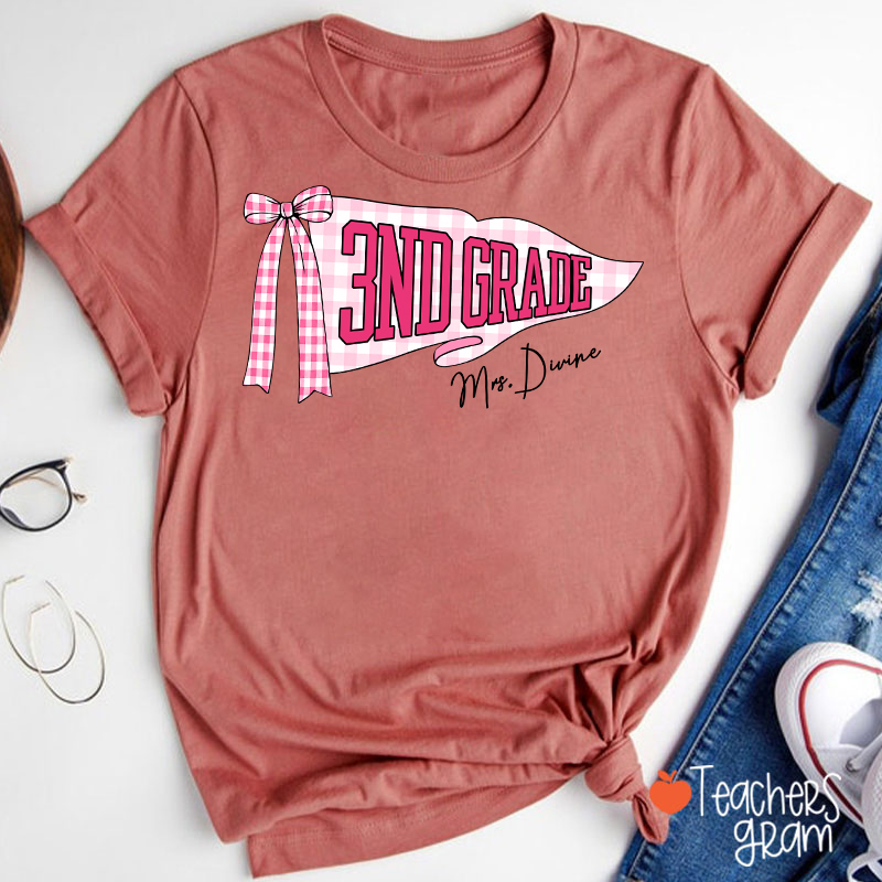 Personalized Grade And Name Gingham Bow Pennant Teacher T-Shirt