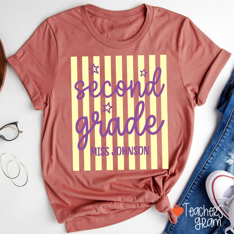 Personalized Grade Blue Gingham Stripes Teacher T-Shirt