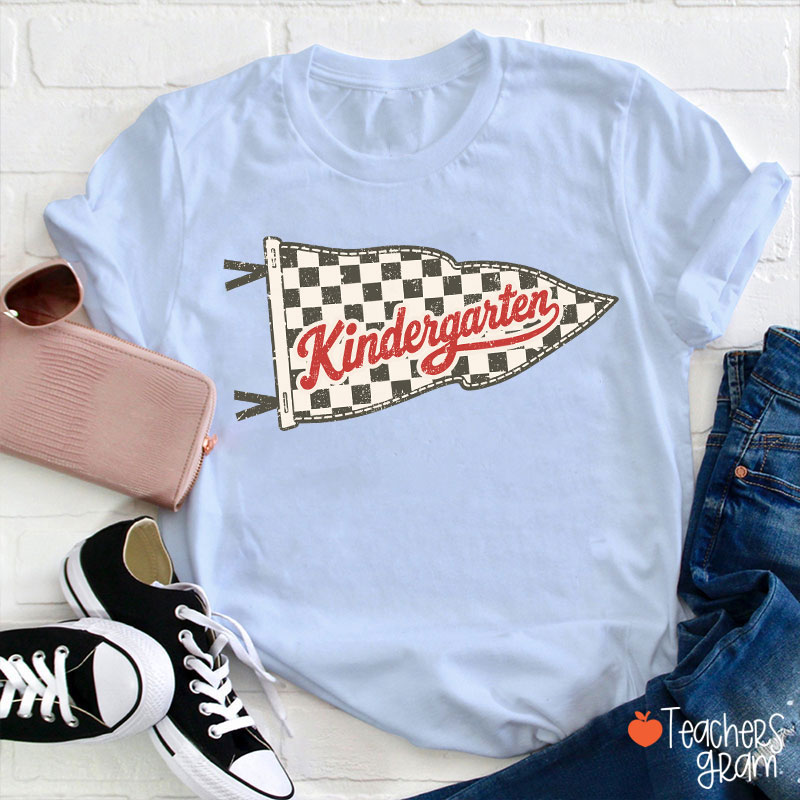 Personalized Grade Checkered Pennant Flag Vintage Retro Preschool Teacher T-Shirt