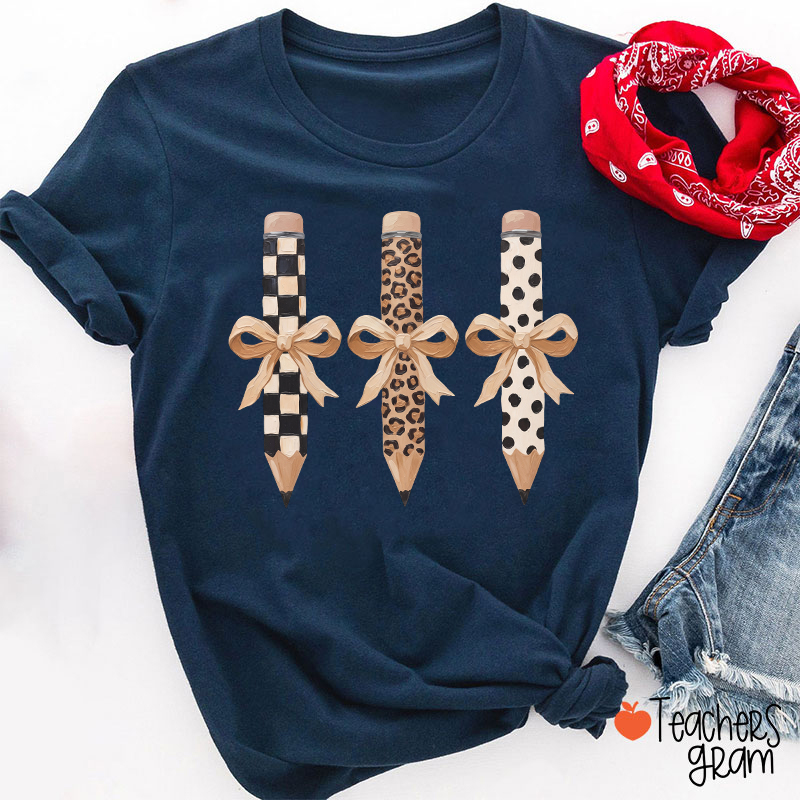 Checkerboard Leopard And Polka Dot Bow Pencil Teacher T-Shirt