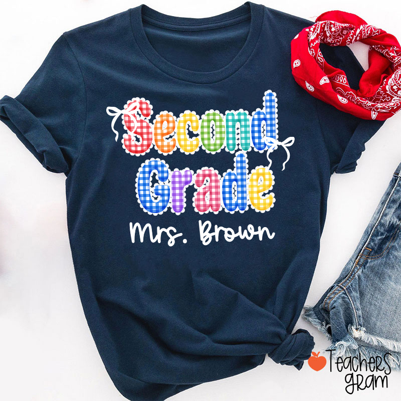 Personalized Grade Name Rainbow Gingham Teacher T-Shirt
