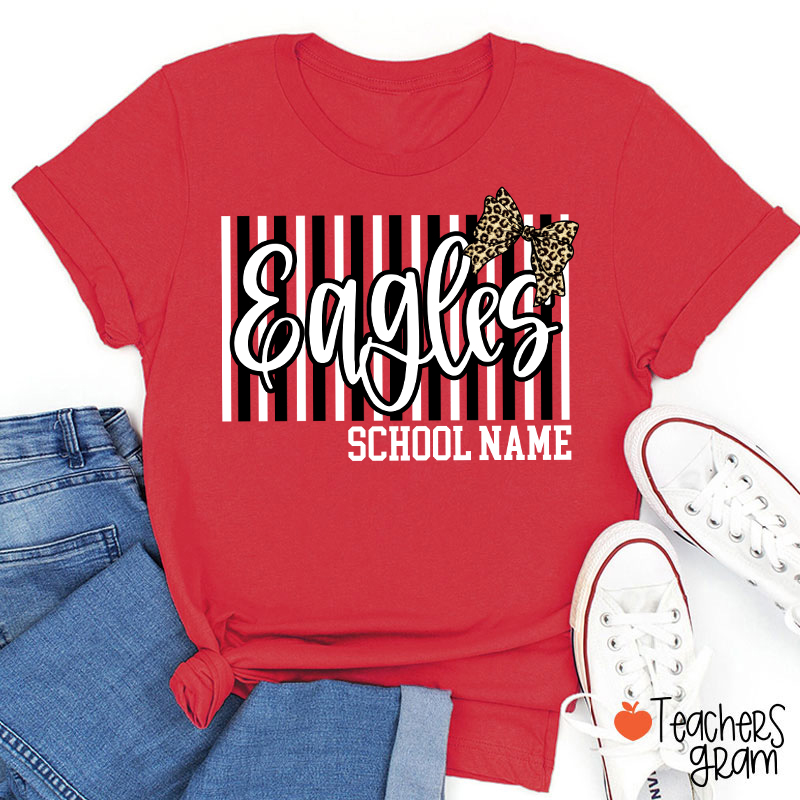Personalized School Mascot Stripe Leopard Bow Teacher T-Shirt