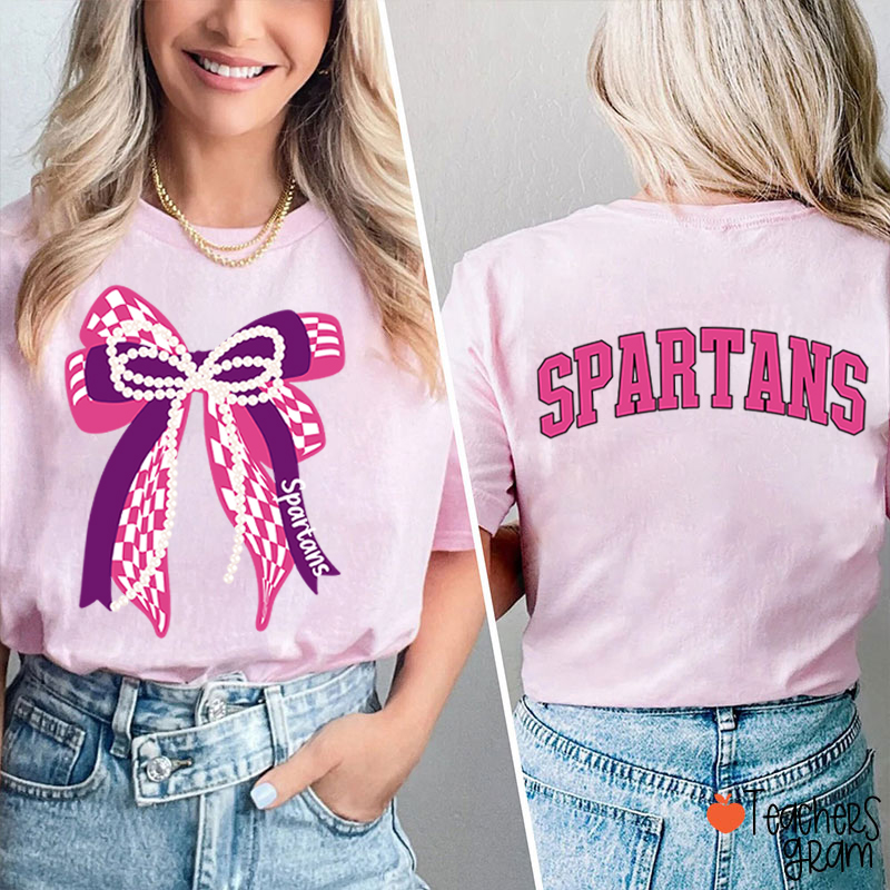 Personalized Mascot Varsity Curved Bow Theme Teacher Two Sided T-Shirt