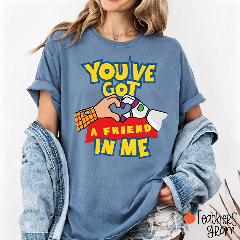 You've Got A Friend In Me Cartoon Cowboy Astronaut Hand Heart Friendship Teacher T-Shirt