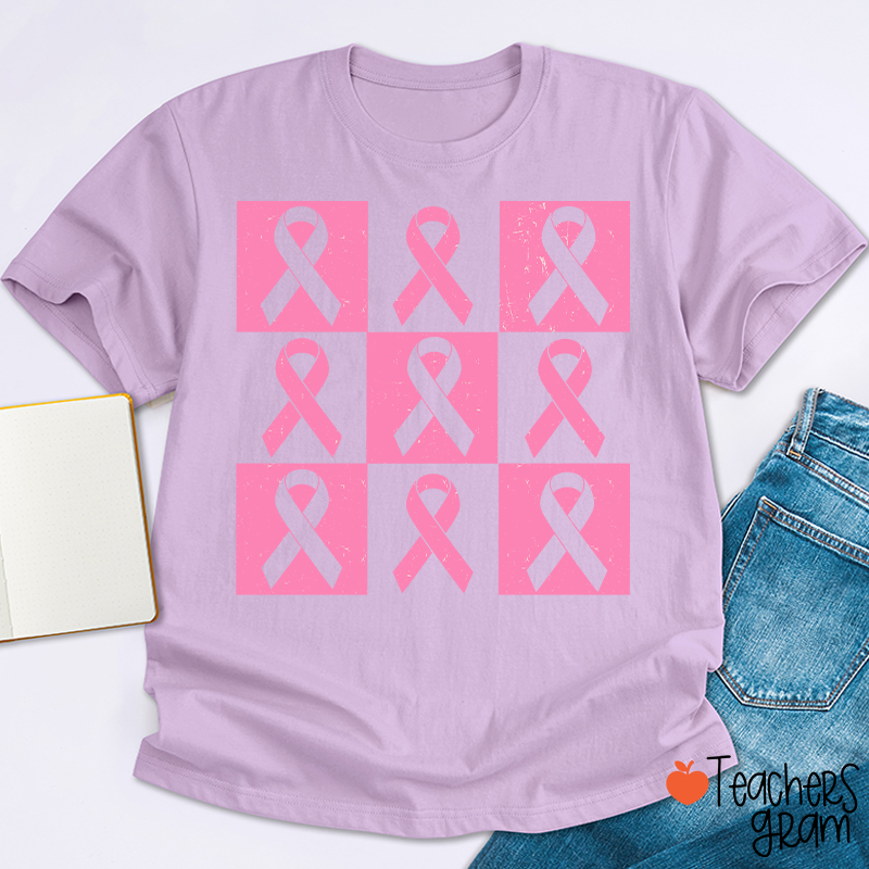 Pink Ribbon Breast Cancer Awareness Teacher T-Shirt