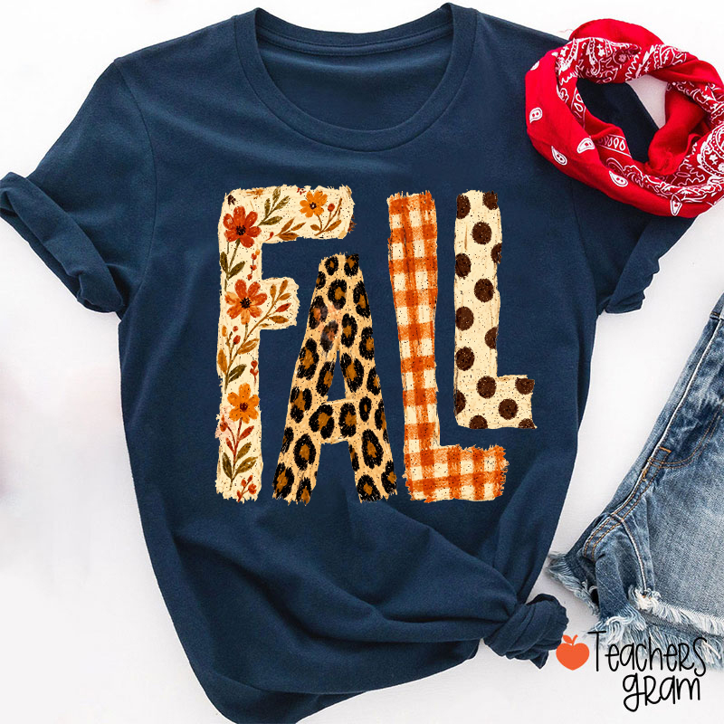 Vintage Patchwork Fall Letter Teacher T‑Shirt