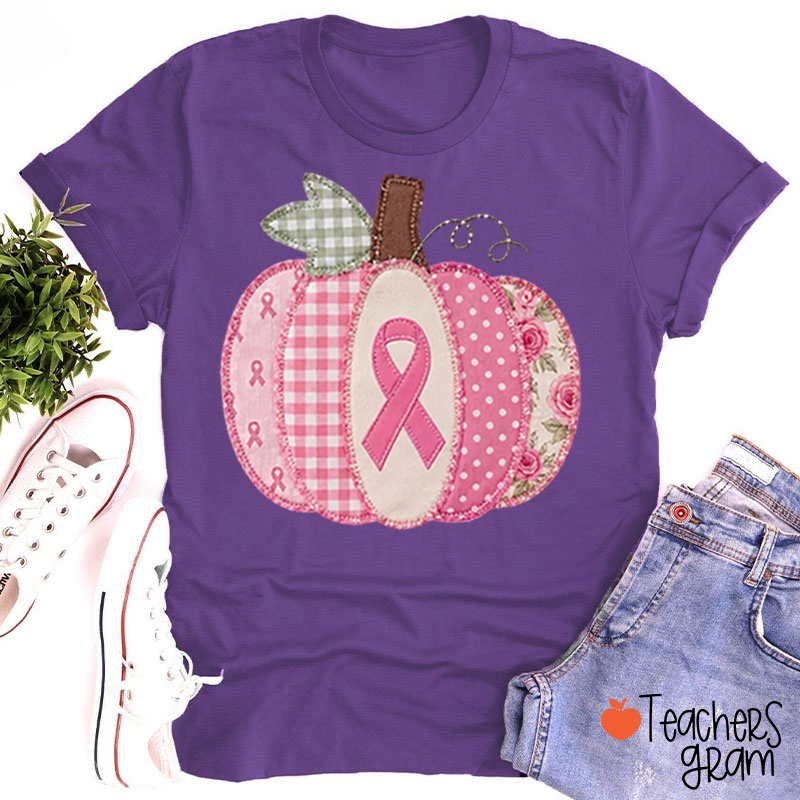 Pink Faux Patchwork Pumpkin Ribbon Teacher T‑Shirt